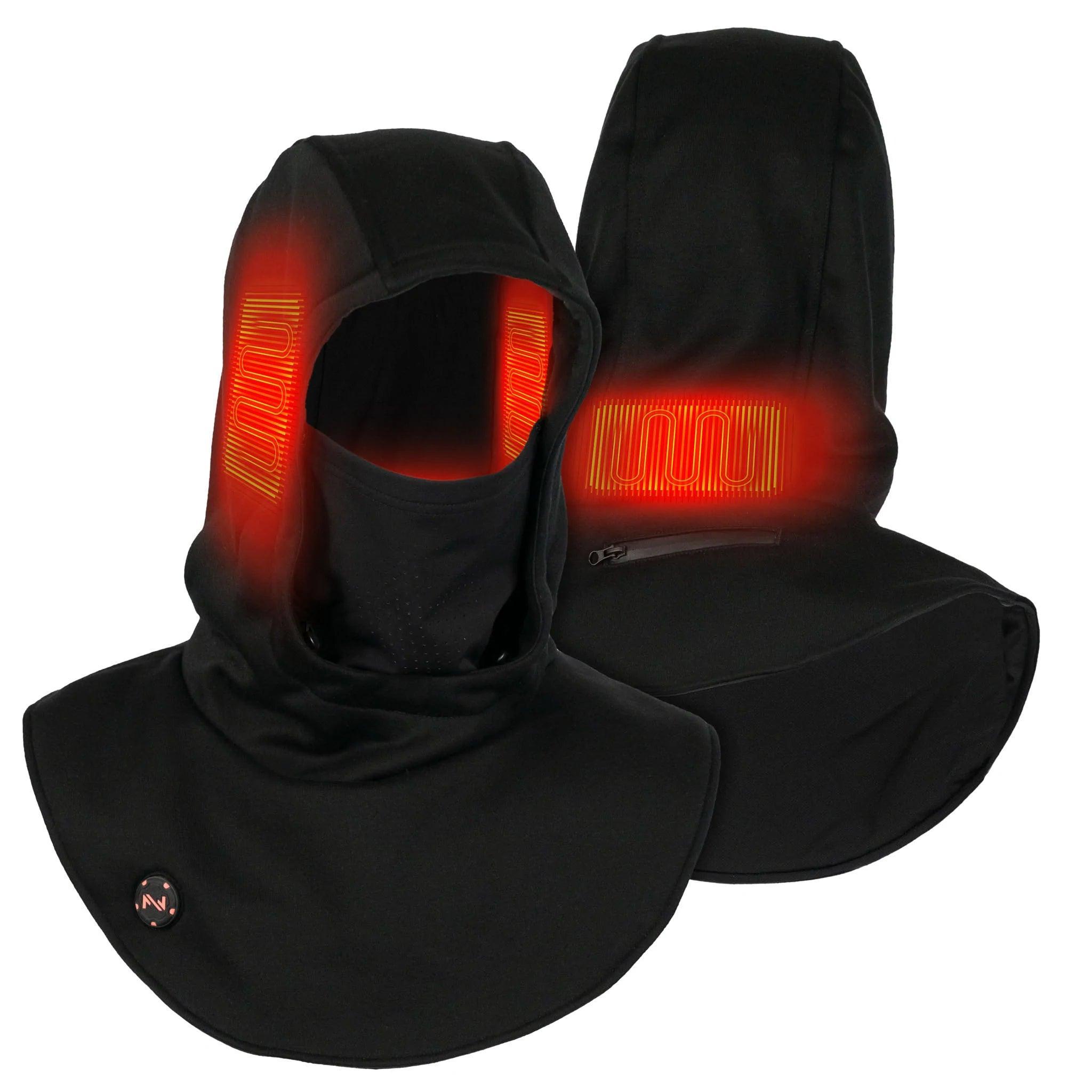 Black heated balaclava with visible heating elements for outdoor sports and apparel