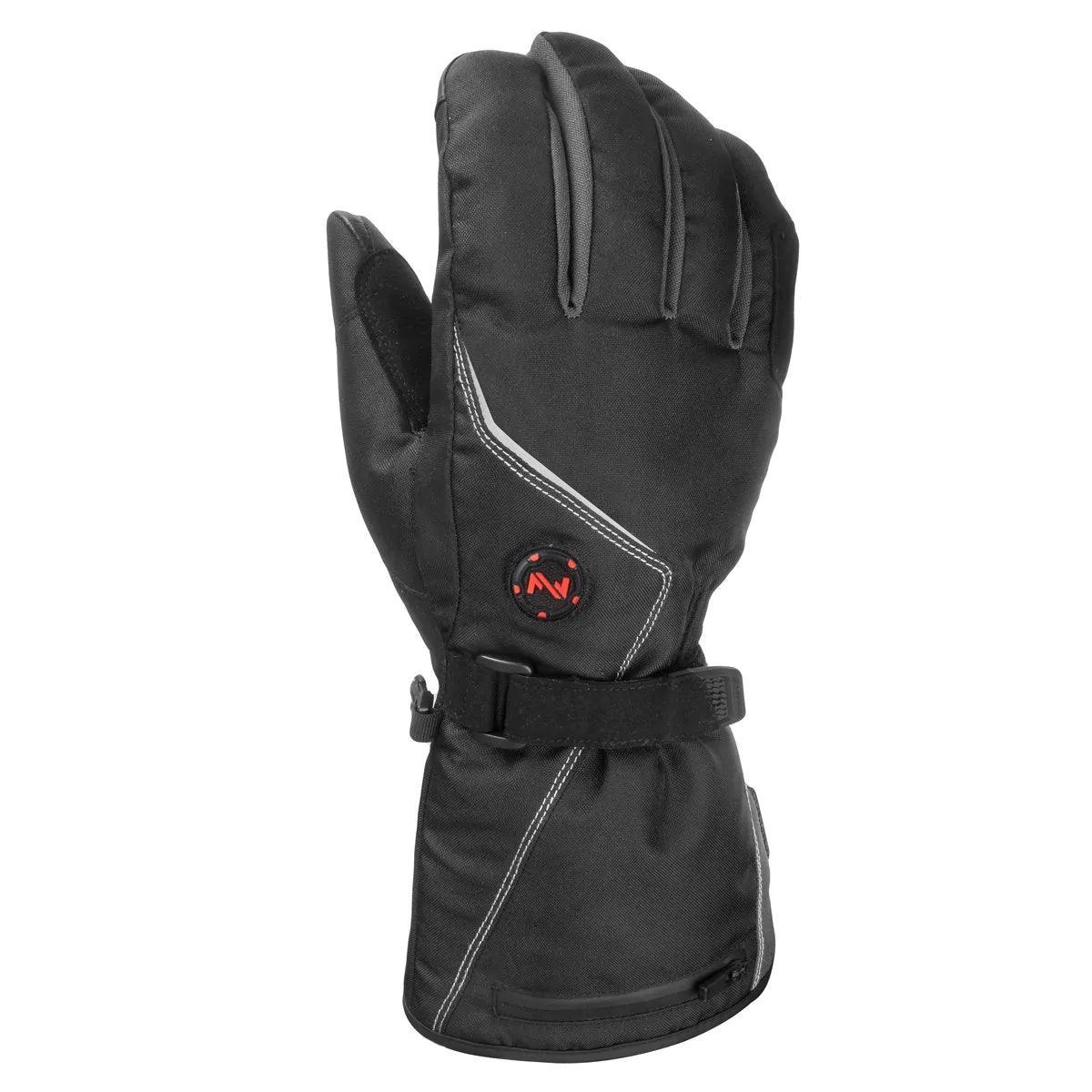 Black heated winter glove with red power button and adjustable wrist strap
