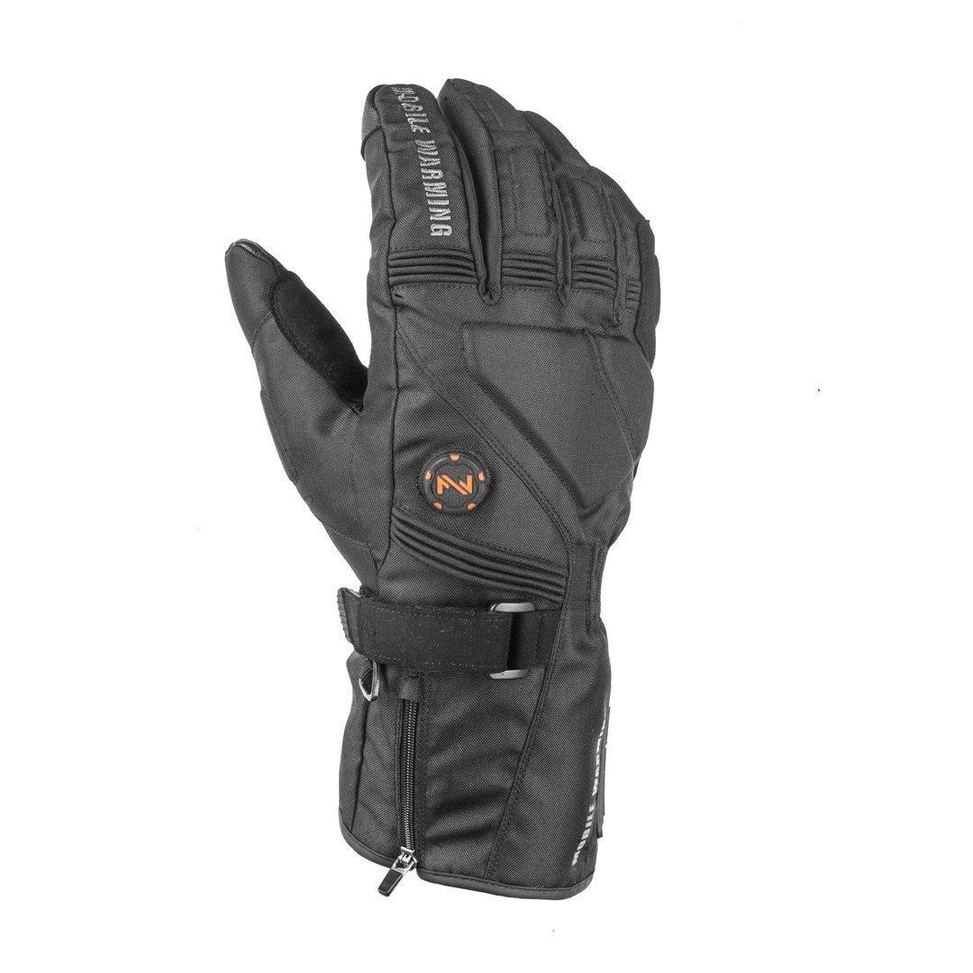 Black heated glove with visible control button and zipper, rugged winter outdoor gear
