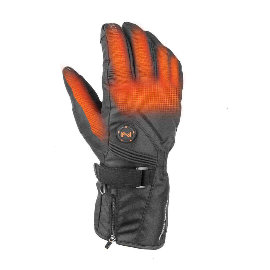 Black heated winter glove with visible orange heating elements, zip and adjustable wrist strap