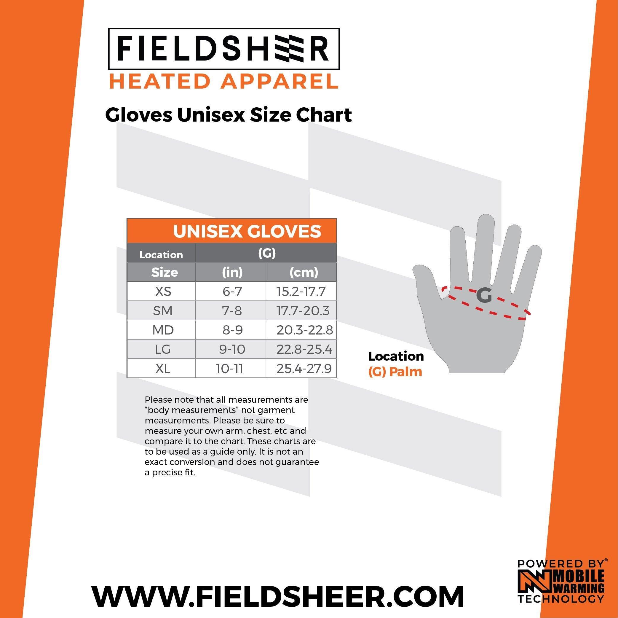 Fieldsheer heated apparel unisex gloves size chart with palm measurement guide