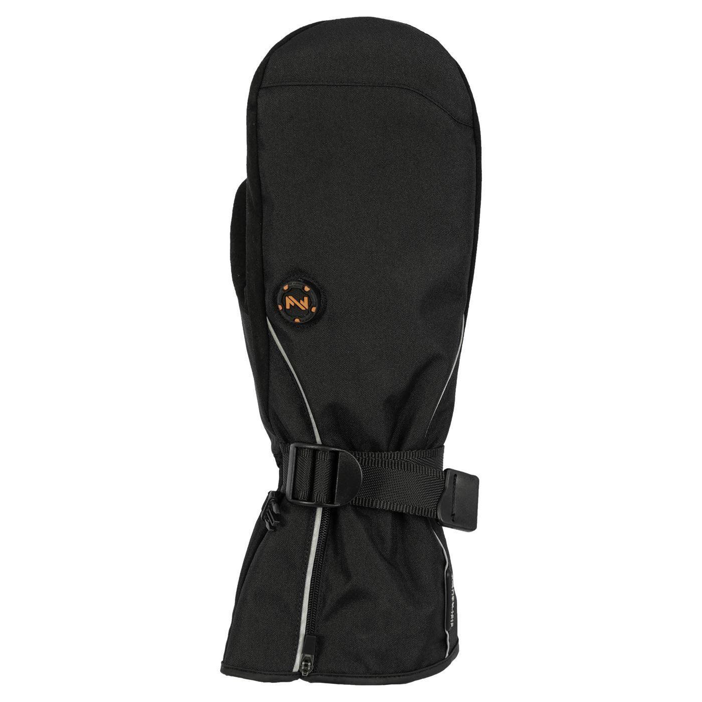 Black unisex heated mitten with adjustable strap and visible button, outdoor gear