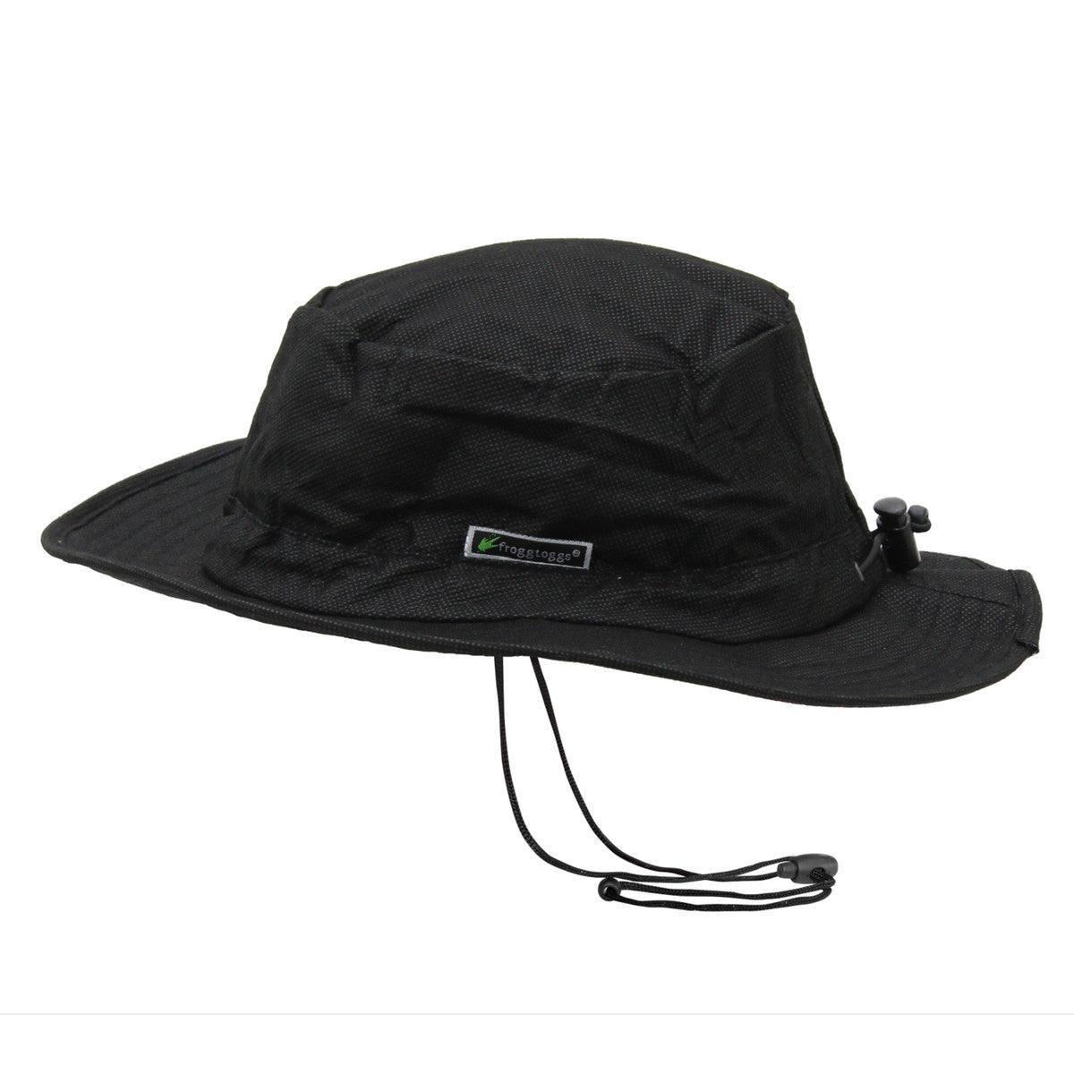 Black Frogg Toggs waterproof bucket hat with chin strap and adjustable toggle
