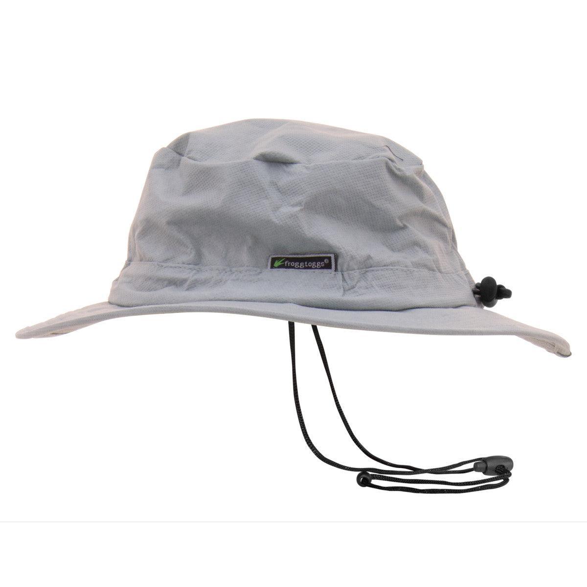Frogg Toggs waterproof gray bucket hat with adjustable chin strap on white background