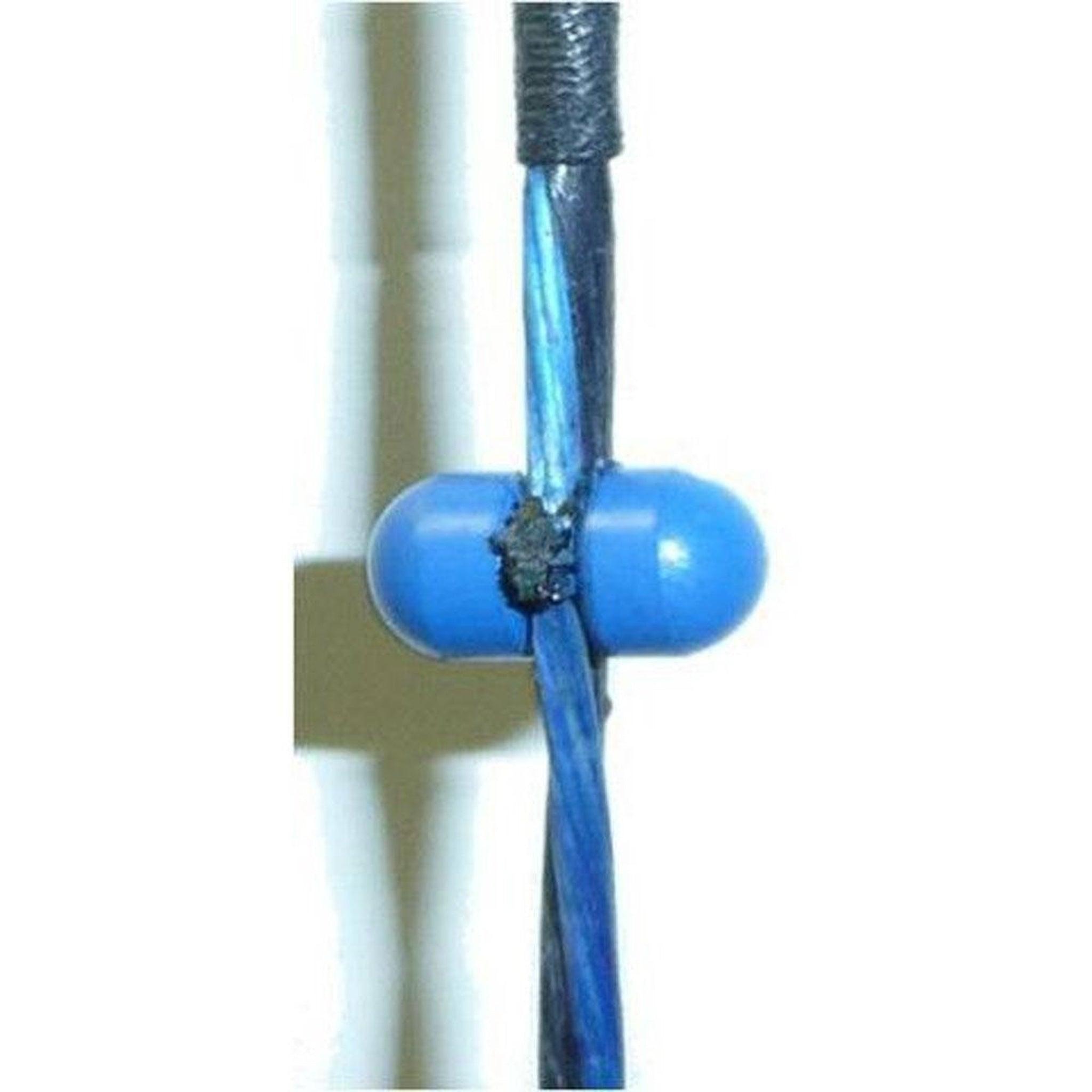 Blue archery meta speed stud on bowstring close-up
