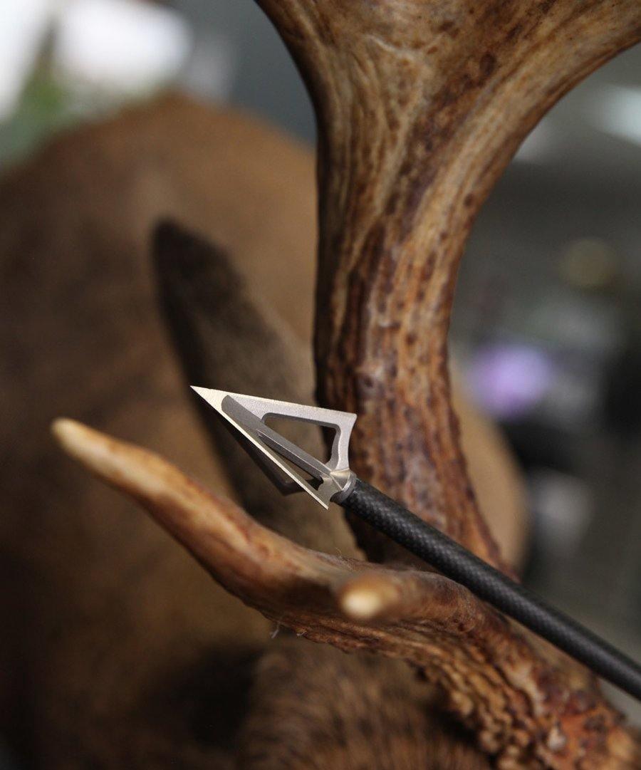 G5 Montec broadhead arrow resting on deer antler, archery hunting gear closeup