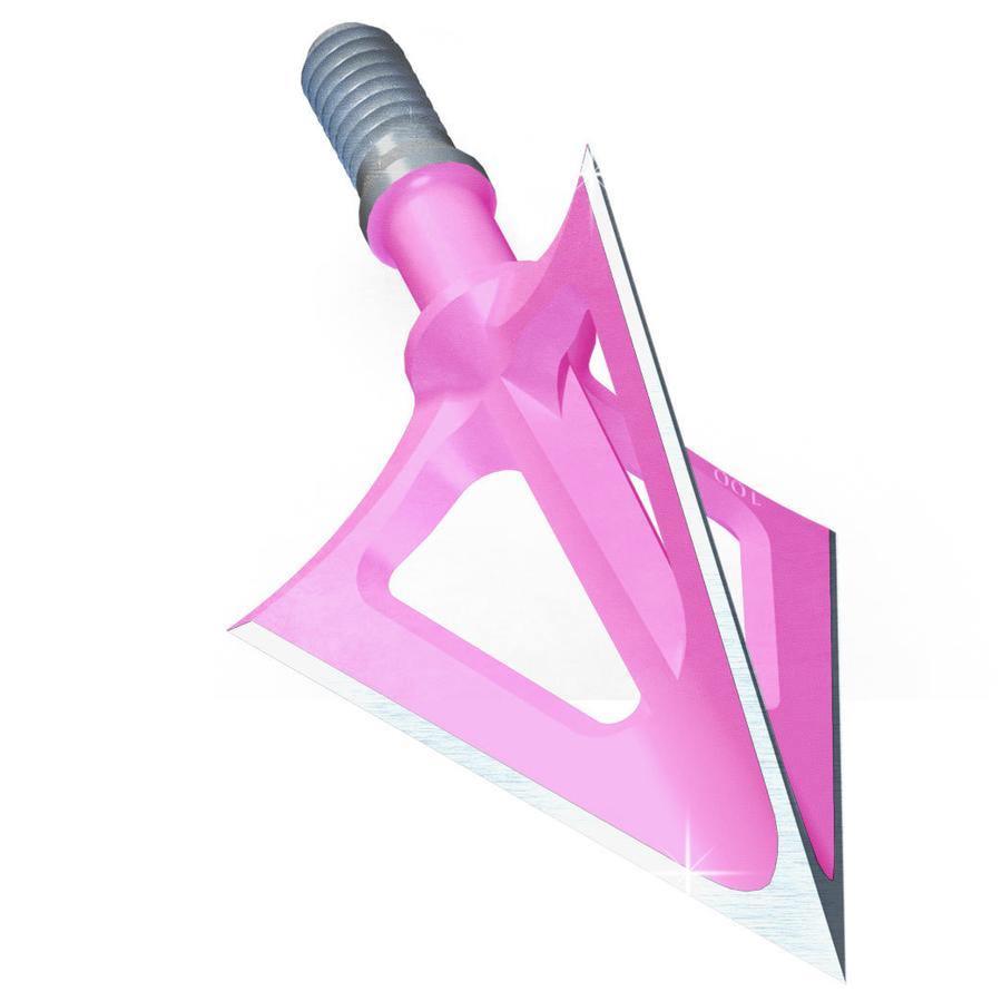 Pink Montec broadhead 100 grain archery arrow tip with sharp blade on white background