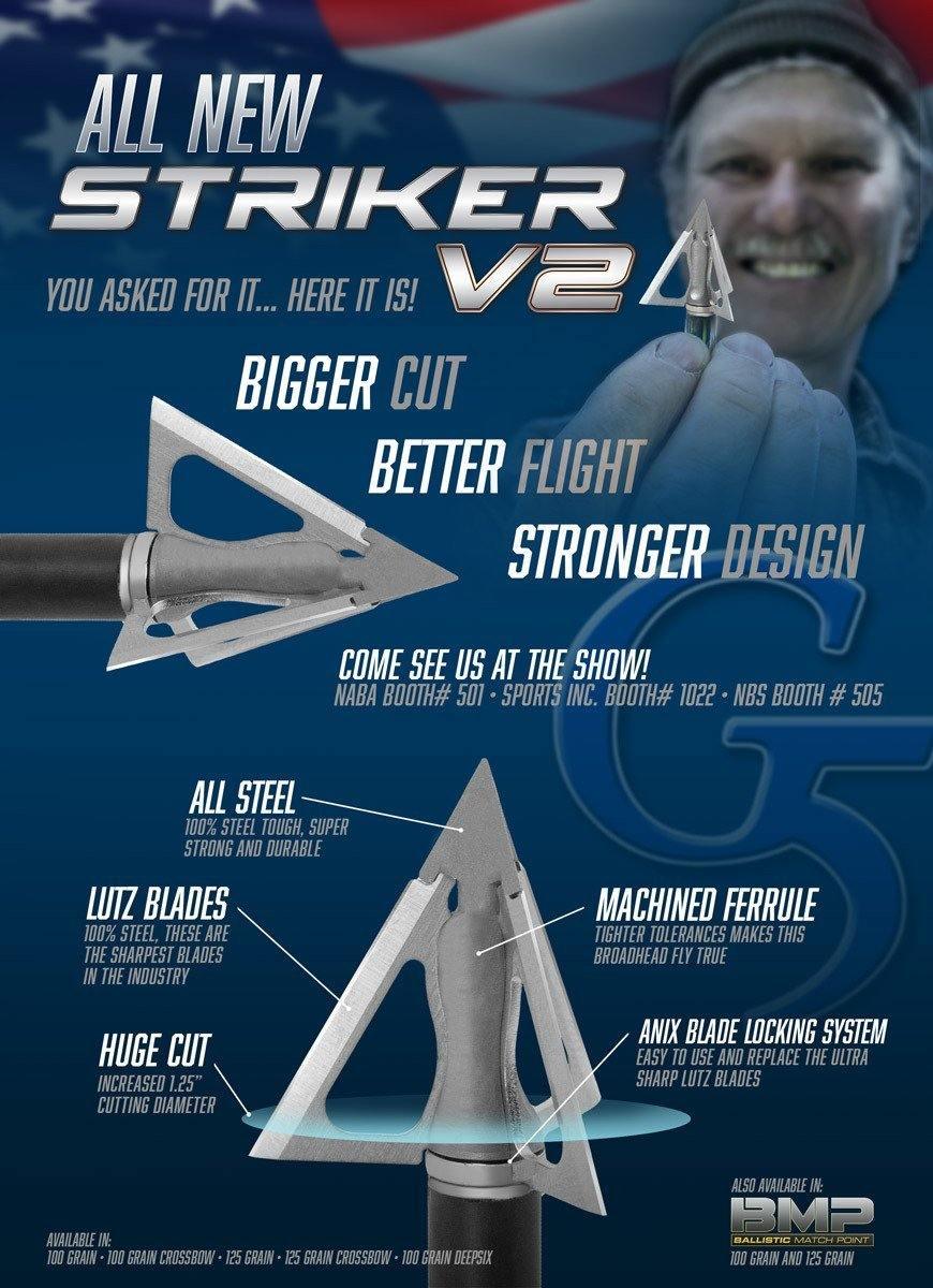 G5 Outdoors Striker V2 broadhead, steel construction, for archery hunting, close-up product shot