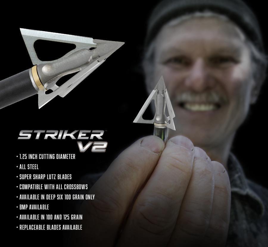 G5 Outdoors Striker V2 broadhead close-up, man holding broadhead, product features text