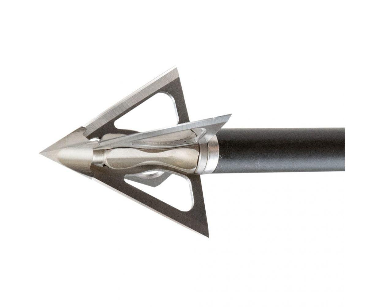 G5 Outdoors Striker X broadhead with steel blades on a black arrow shaft, white background