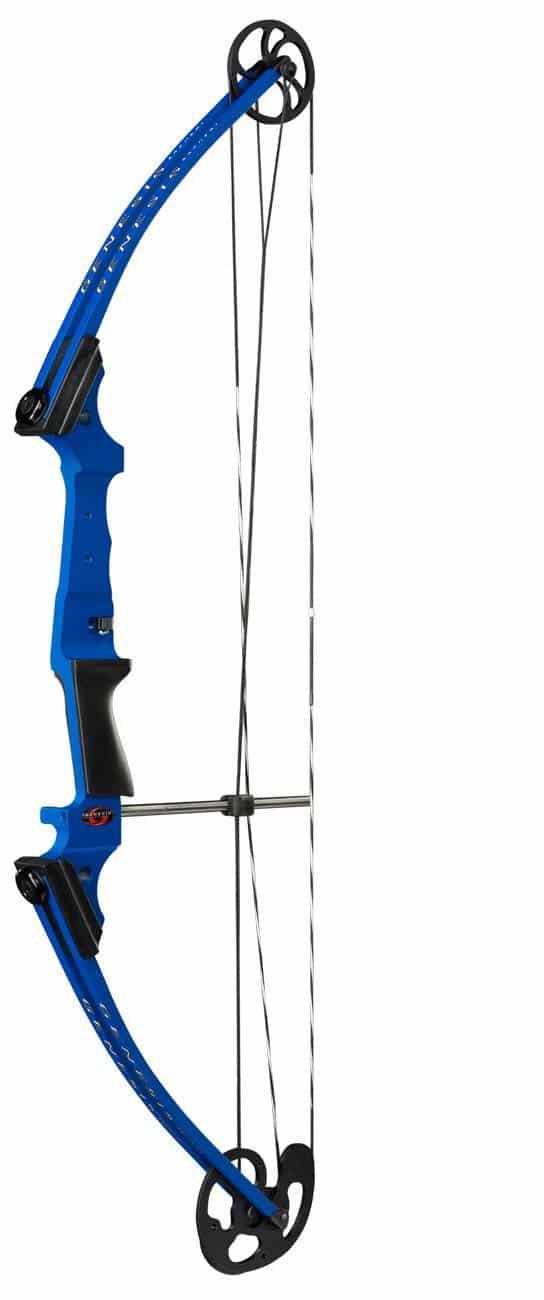 Blue Genesis Archery compound bow with dual cams and black grip on white background