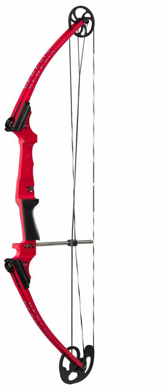 Red Genesis compound bow with black grip and dual cams on white background