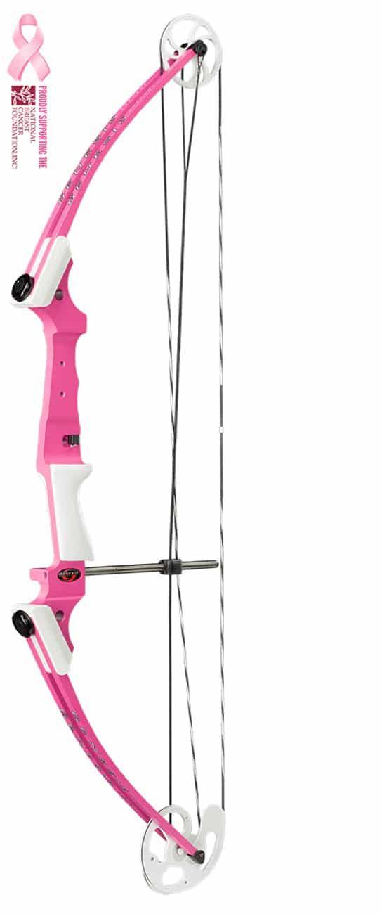 Pink Genesis compound bow with white accents and National Breast Cancer Foundation logo