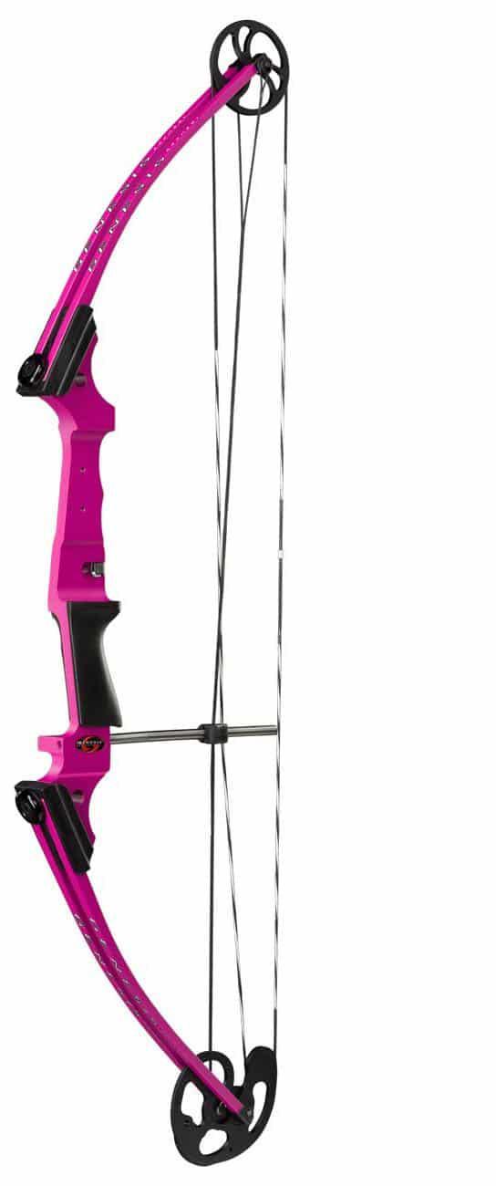 Pink Genesis compound bow with black handle and cam system on white background