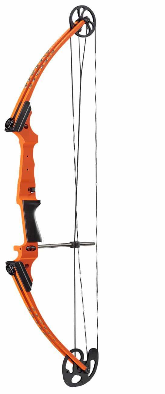 Orange Genesis Original compound bow with black grip and cams on white background