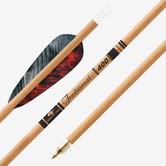 Gold Tip Traditional 400 archery arrows with wood grain finish and feather fletching