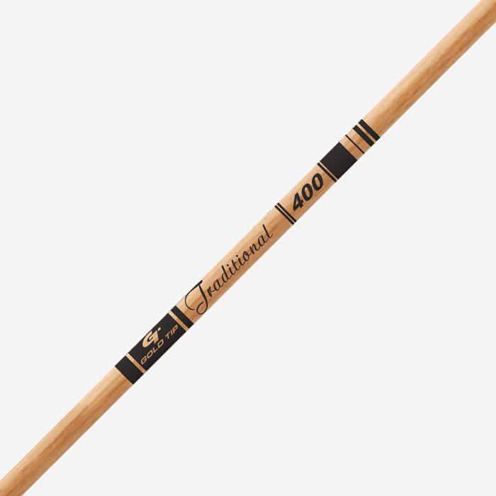 Gold Tip Traditional 400 archery arrow with wood finish and black markings on white background