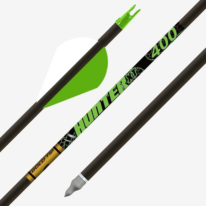 Gold Tip Hunter XT 400 arrow with green Rapt-X vanes and nock on white background