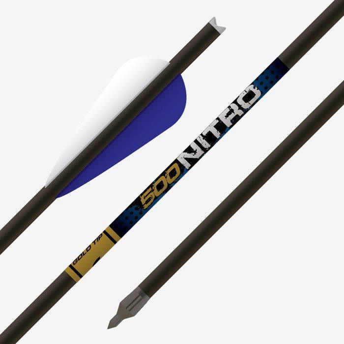 Gold Tip Nitro 500 crossbow bolt with blue and white vane, carbon shaft, and field point tip