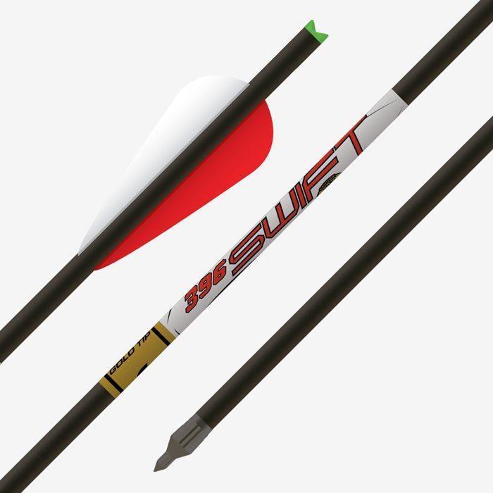 Gold Tip Swift 396 crossbow bolt with red and white fletching and pointed tip on white background