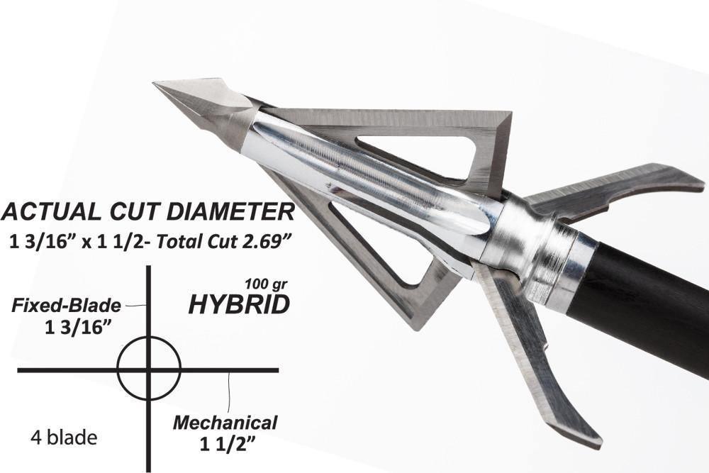 Grim Reaper archery hybrid broadhead 4-blade 100gr with cut diameter specs in white background