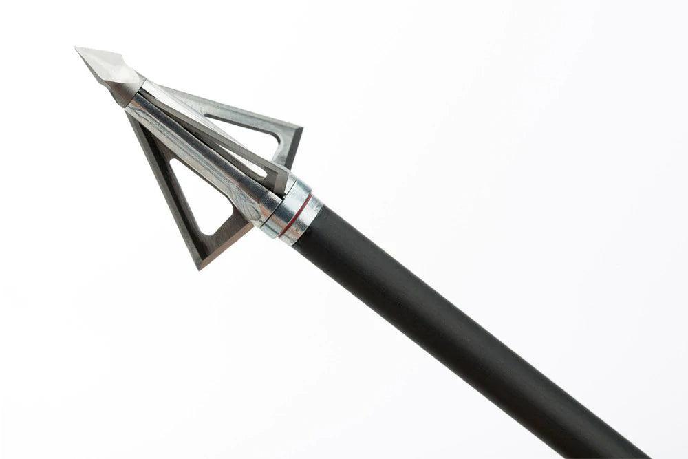 Grim Reaper Hades fixed blade broadhead for archery on a black arrow, white background