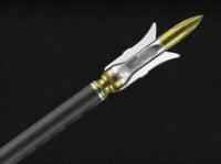Grim Reaper archery practice broadhead with gold tip and silver blades on black background
