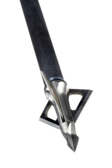 Fixed blade broadhead arrowhead, stainless steel, close-up on white background