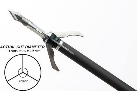 Grim Reaper Archery Razorcut 3-blade mechanical broadhead close-up on shaft with cut diameter diagram