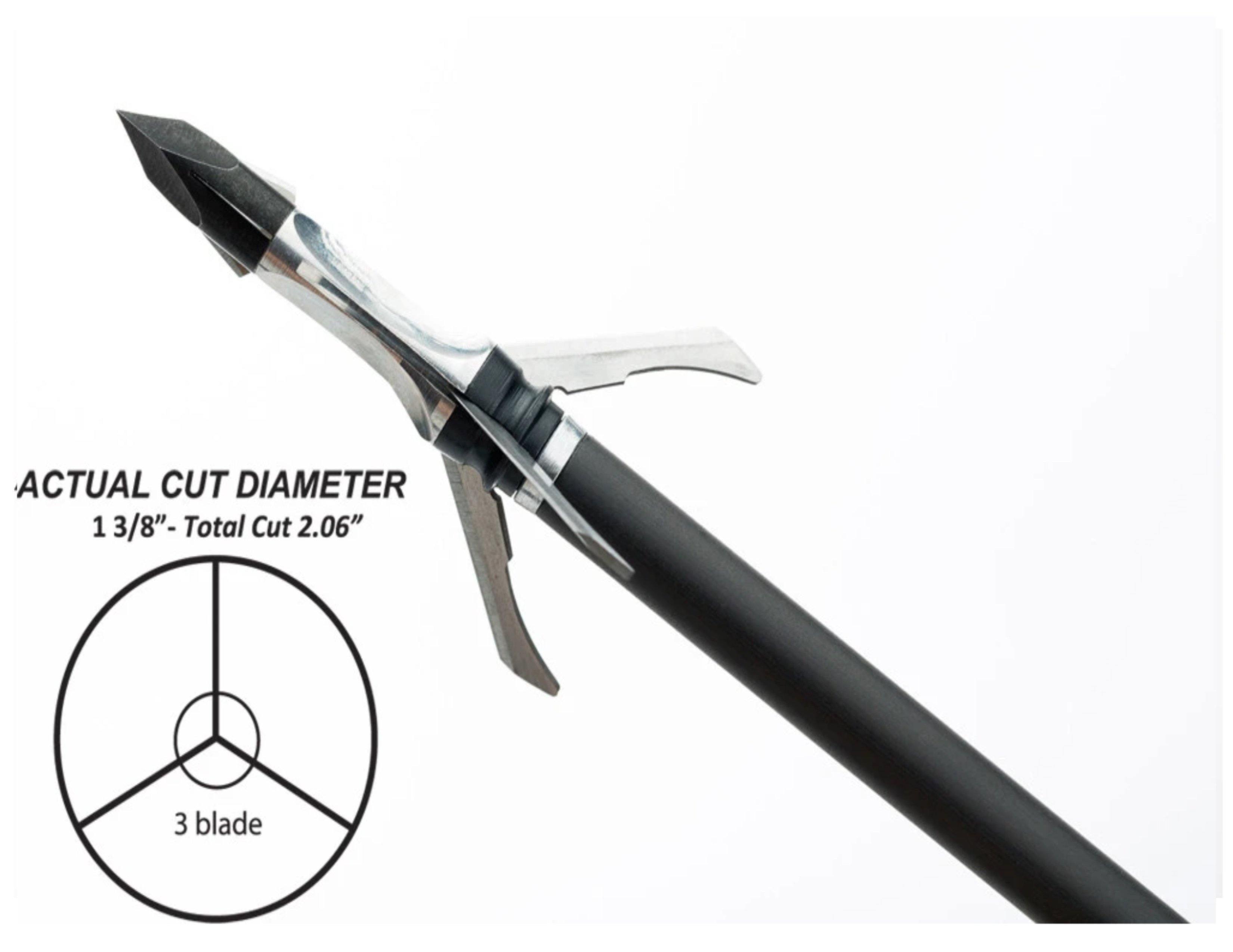 Grim Reaper Razortip mechanical broadhead arrow with 3 blades, cut diameter chart