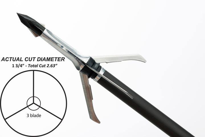 Grim Reaper Razortip mechanical broadhead arrow, 3-blade, with cut diameter diagram.