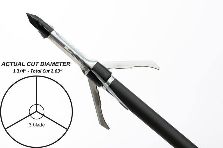 Mechanical broadhead arrow with three blades and cut diameter diagram on white background