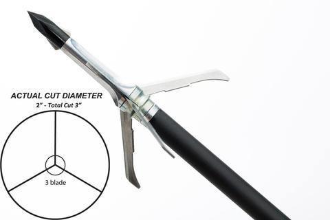 Grim Reaper Razortip mechanical broadhead with three blades and cut diameter diagram