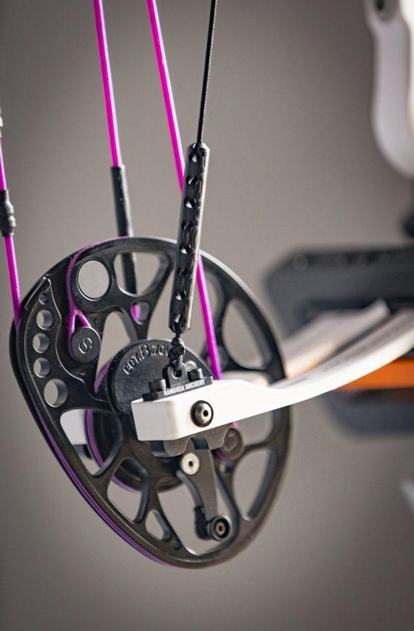 Hamskea Archery Rebound Dampener on black compound bow cam with purple strings