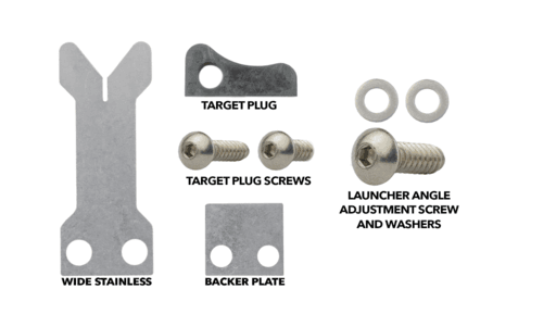 Hamskea Archery Target Conversion Kit parts including wide stainless piece, target plug, screws, backer plate, angle adjustment screw and washers.