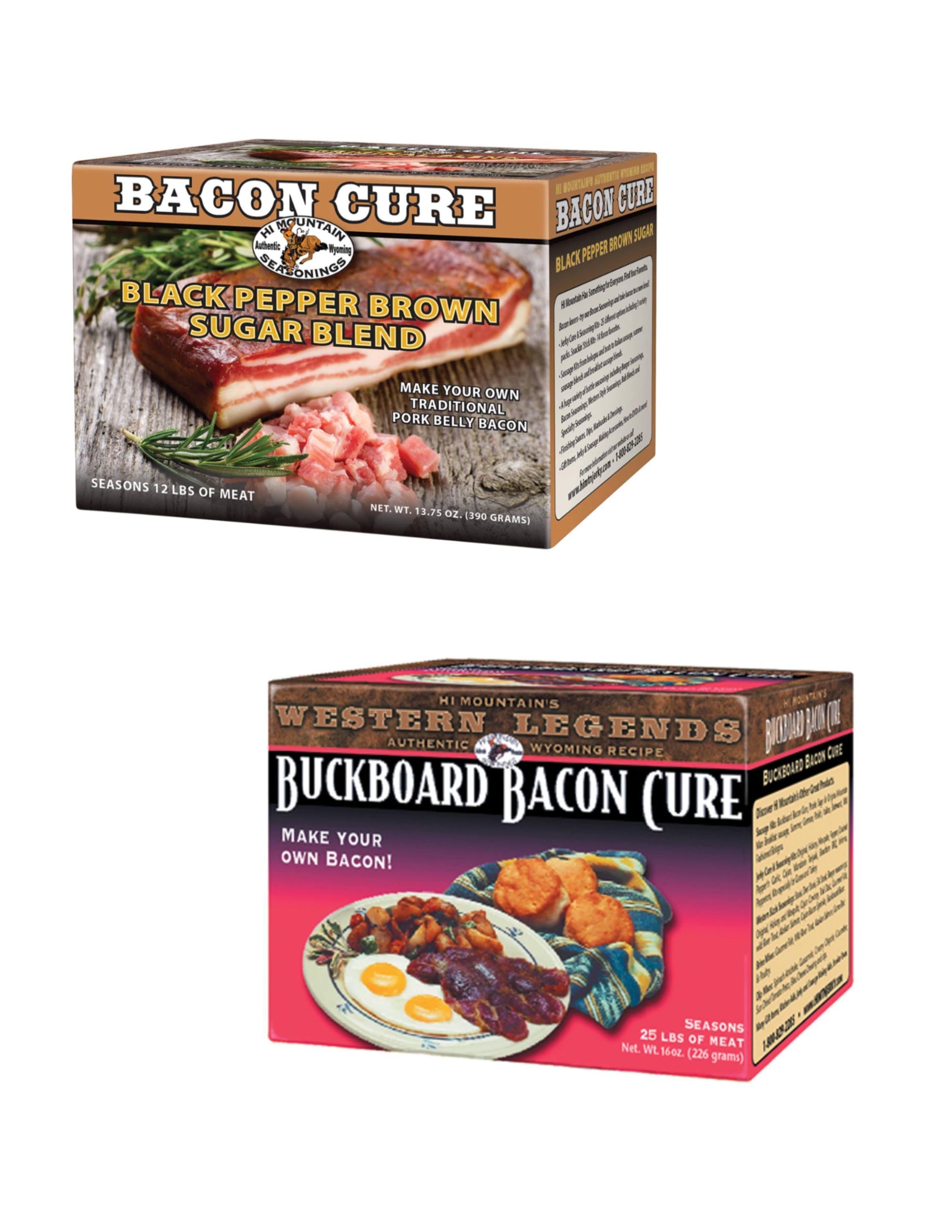 Two Hi Mountain bacon cure boxes, one black pepper brown sugar blend, one buckboard bacon cure
