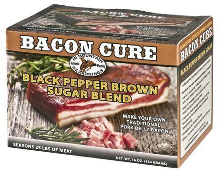 Hi Mountain Bacon Cure Black Pepper Brown Sugar Blend box with bacon slices and herbs