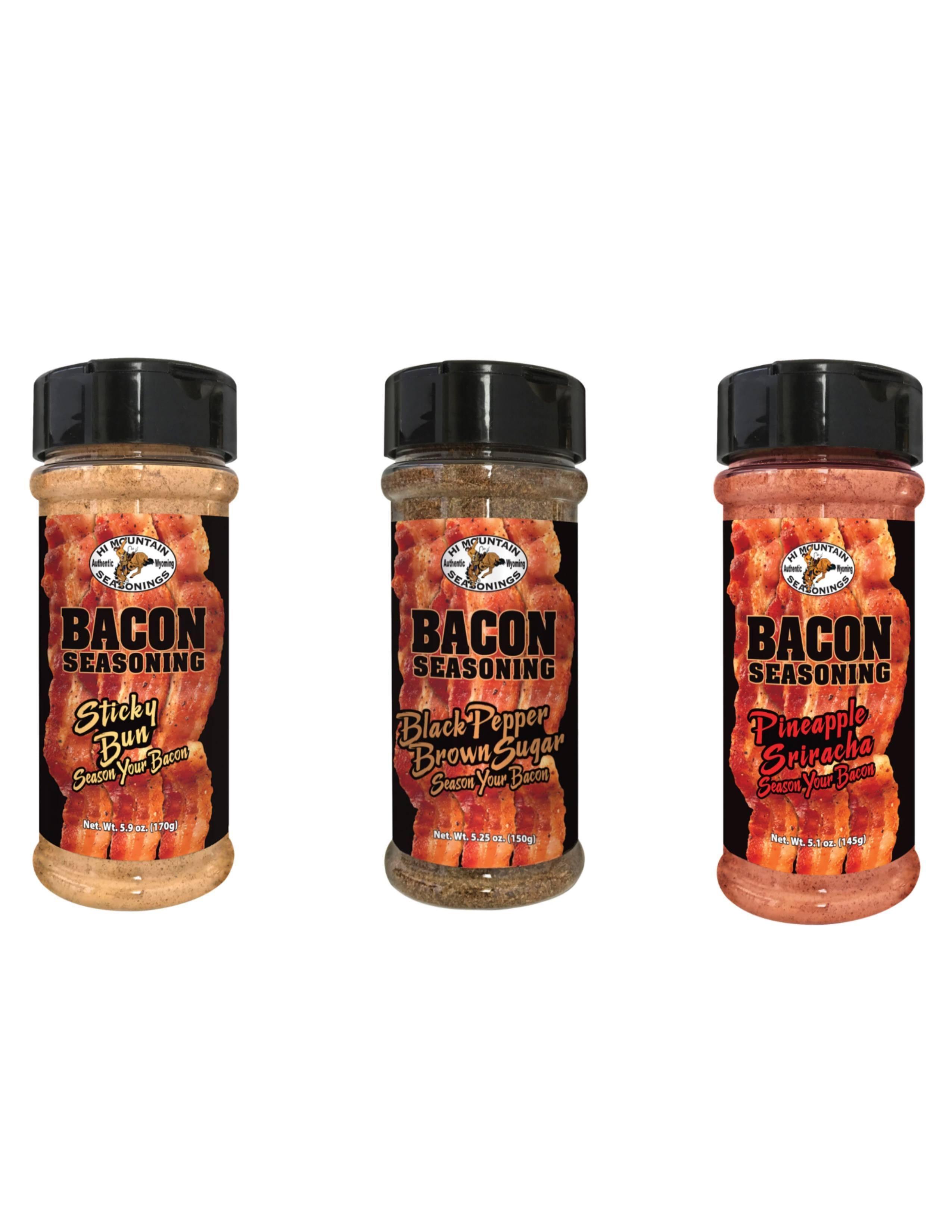 Three Hi Mountain Bacon Seasoning bottles: Sticky Bun, Black Pepper Brown Sugar, Pineapple Sriracha