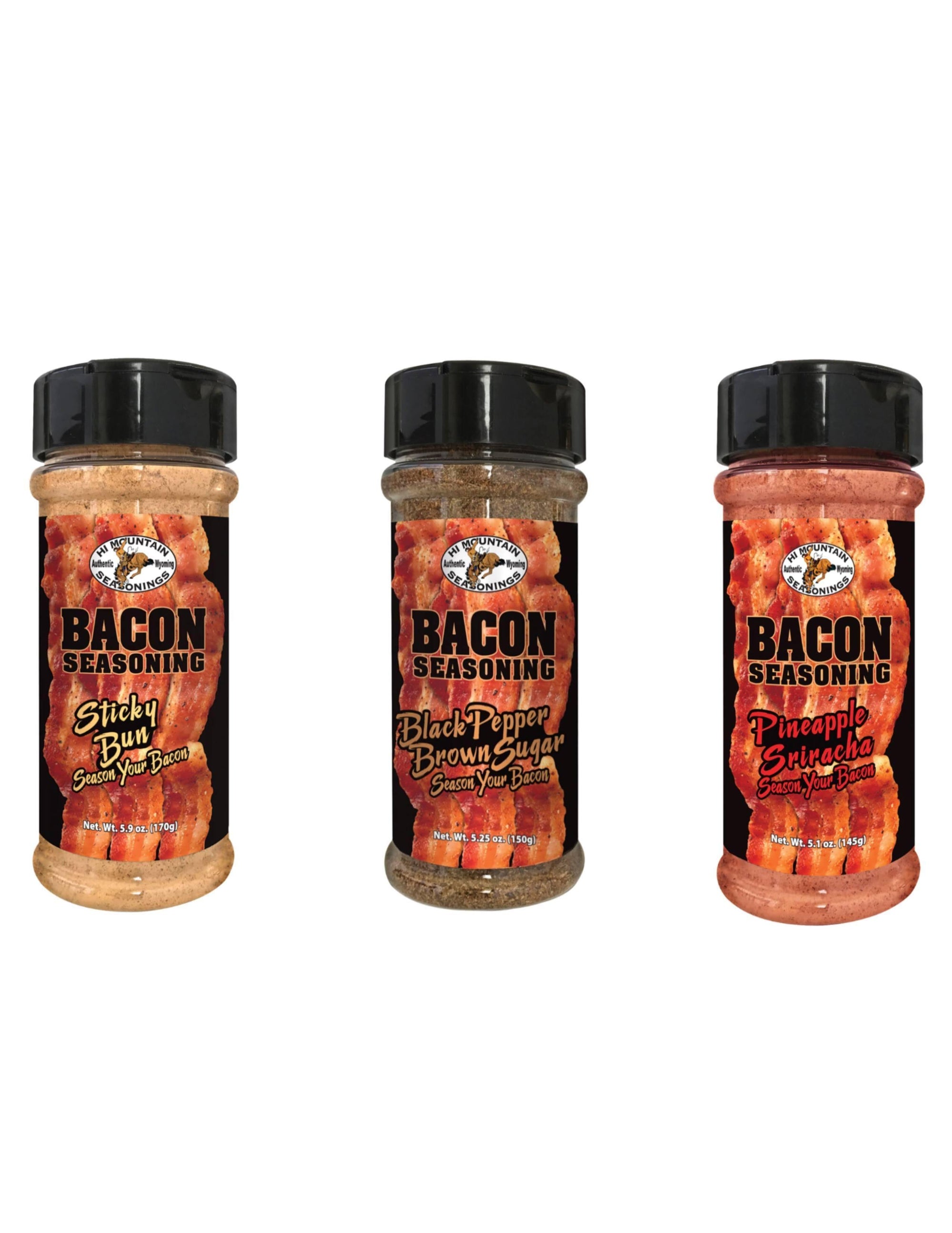 Three Hi Mountain Bacon Seasoning bottles: Sticky Bun, Black Pepper Brown Sugar, Pineapple Sriracha
