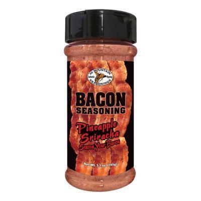 Hi Mountain Bacon Seasoning Pineapple Sriracha bottle with black lid on white background