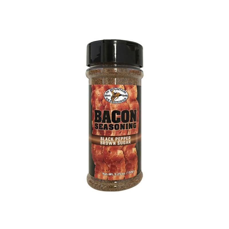 Hi Mountain Bacon Seasoning bottle, black pepper brown sugar flavor, on white background