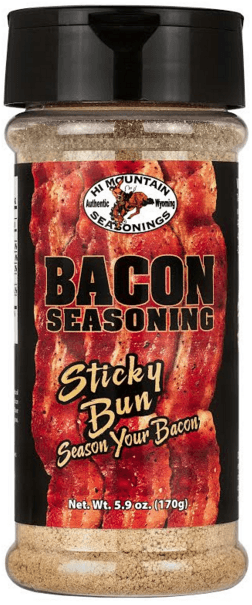 Hi Mountain Bacon Seasoning Sticky Bun bottle with bacon image on label