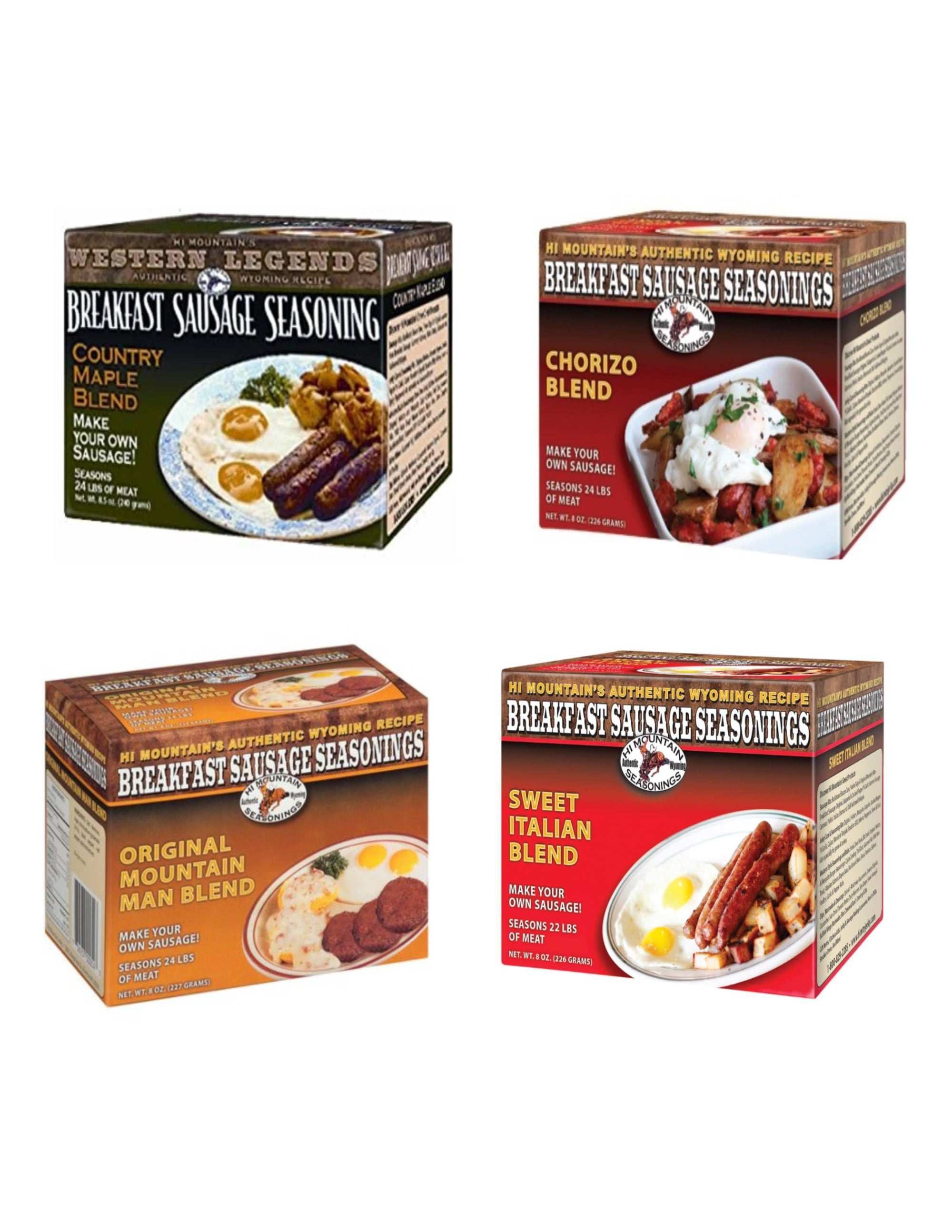 Four boxes of Hi Mountain breakfast sausage seasoning blends with plated food images.