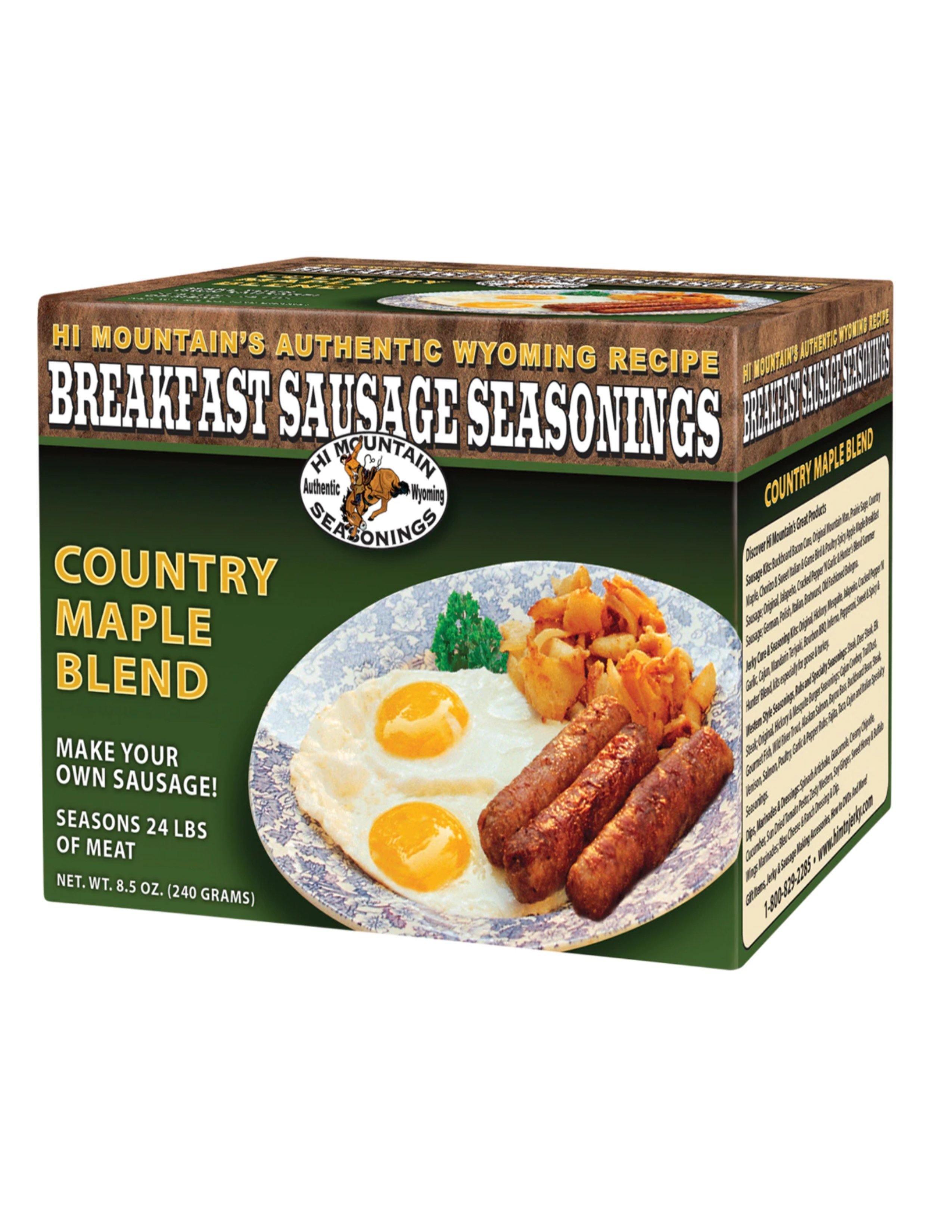 Hi Mountain Breakfast Sausage Seasoning Country Maple Blend box with eggs, sausage, and potatoes.