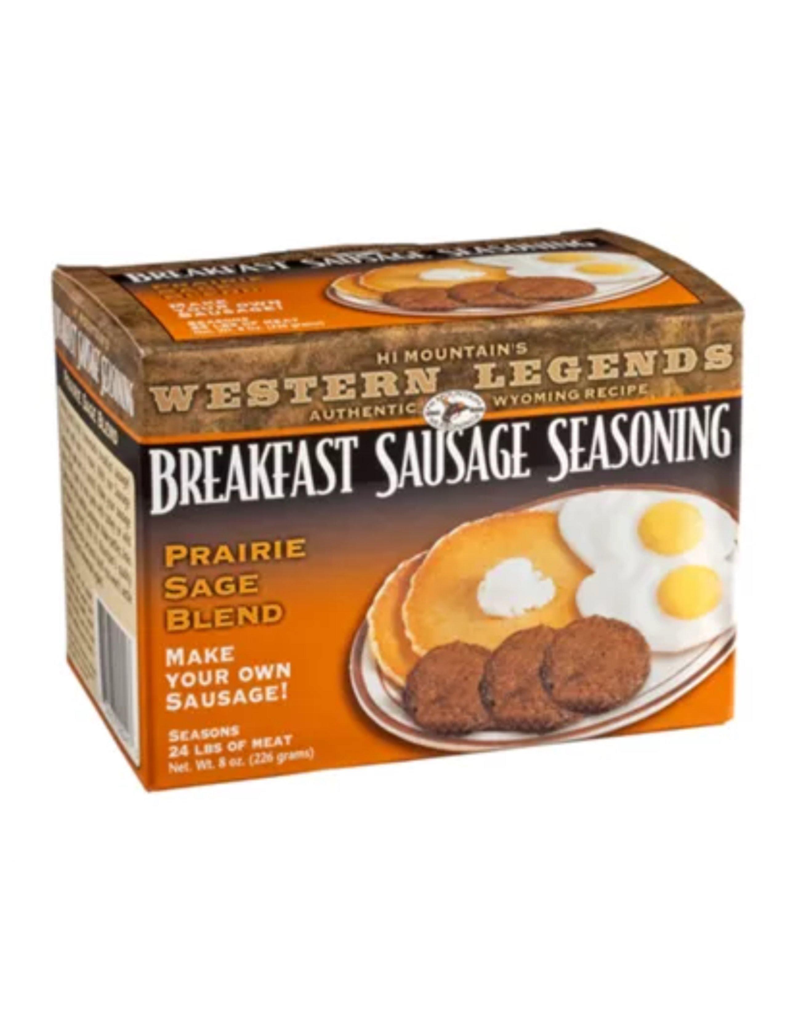 Hi Mountain Western Legends breakfast sausage seasoning Prairie Sage Blend box with pancake and eggs image