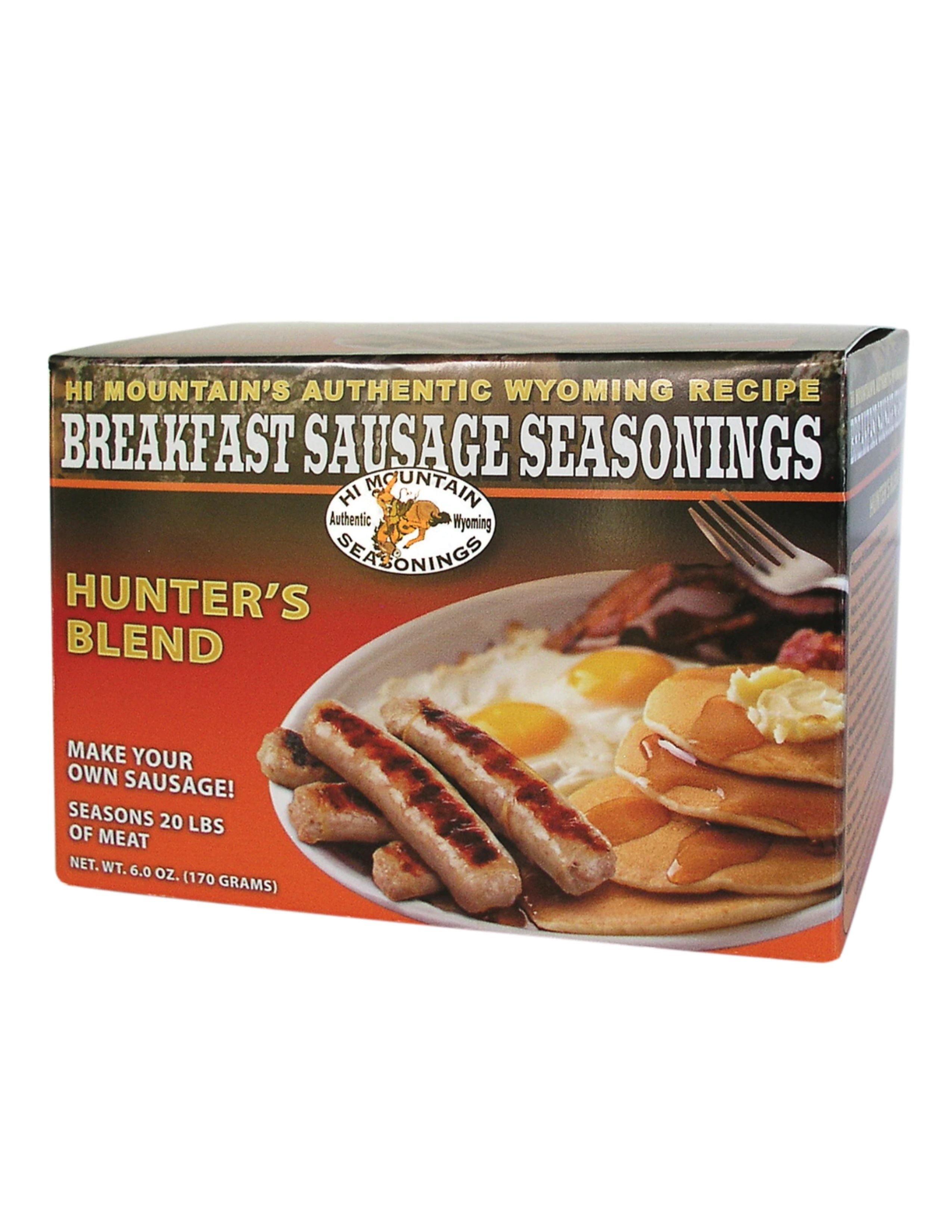 Hi Mountain Breakfast Sausage Seasonings Hunter's Blend box with breakfast food image