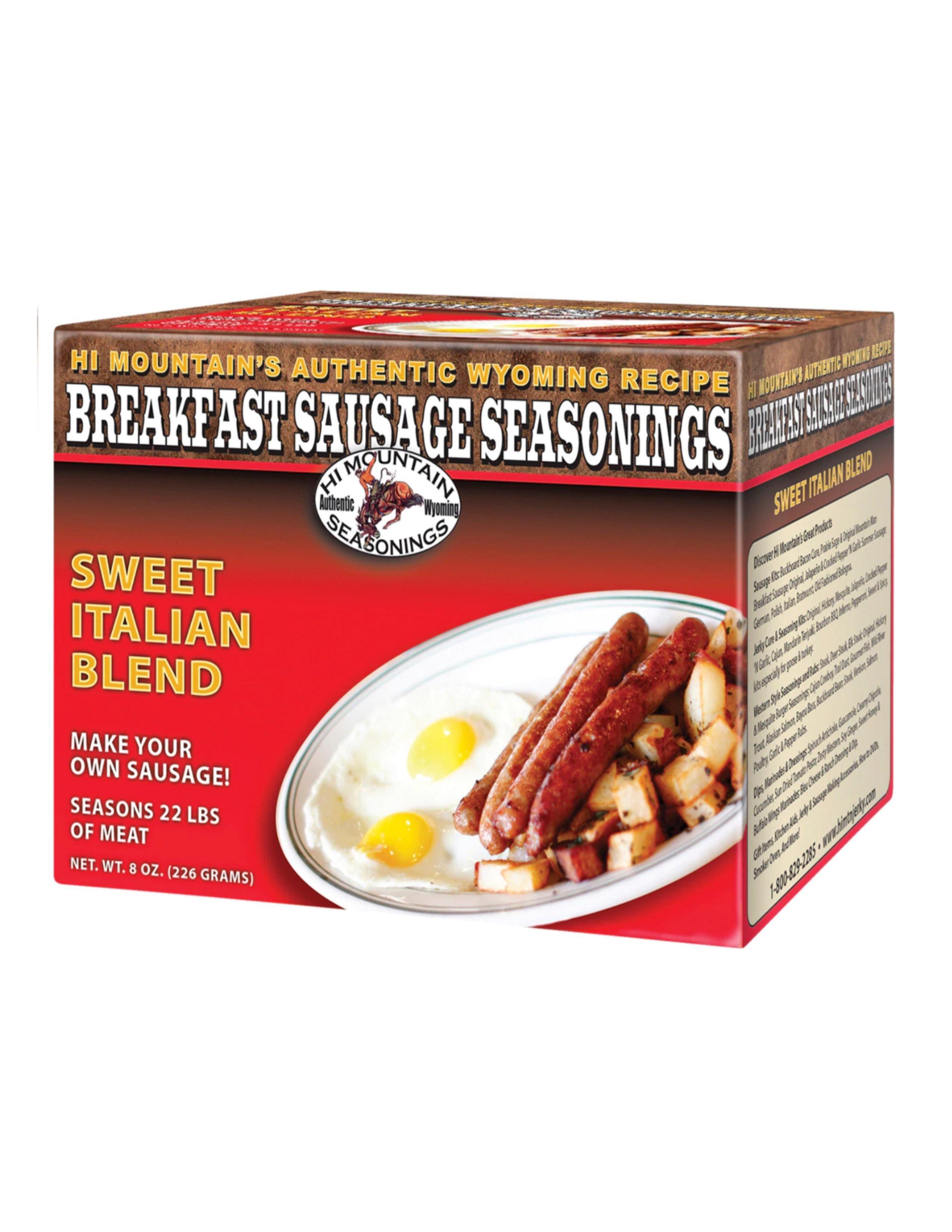 Hi Mountain Breakfast Sausage Seasoning Sweet Italian Blend box with eggs and sausage on plate