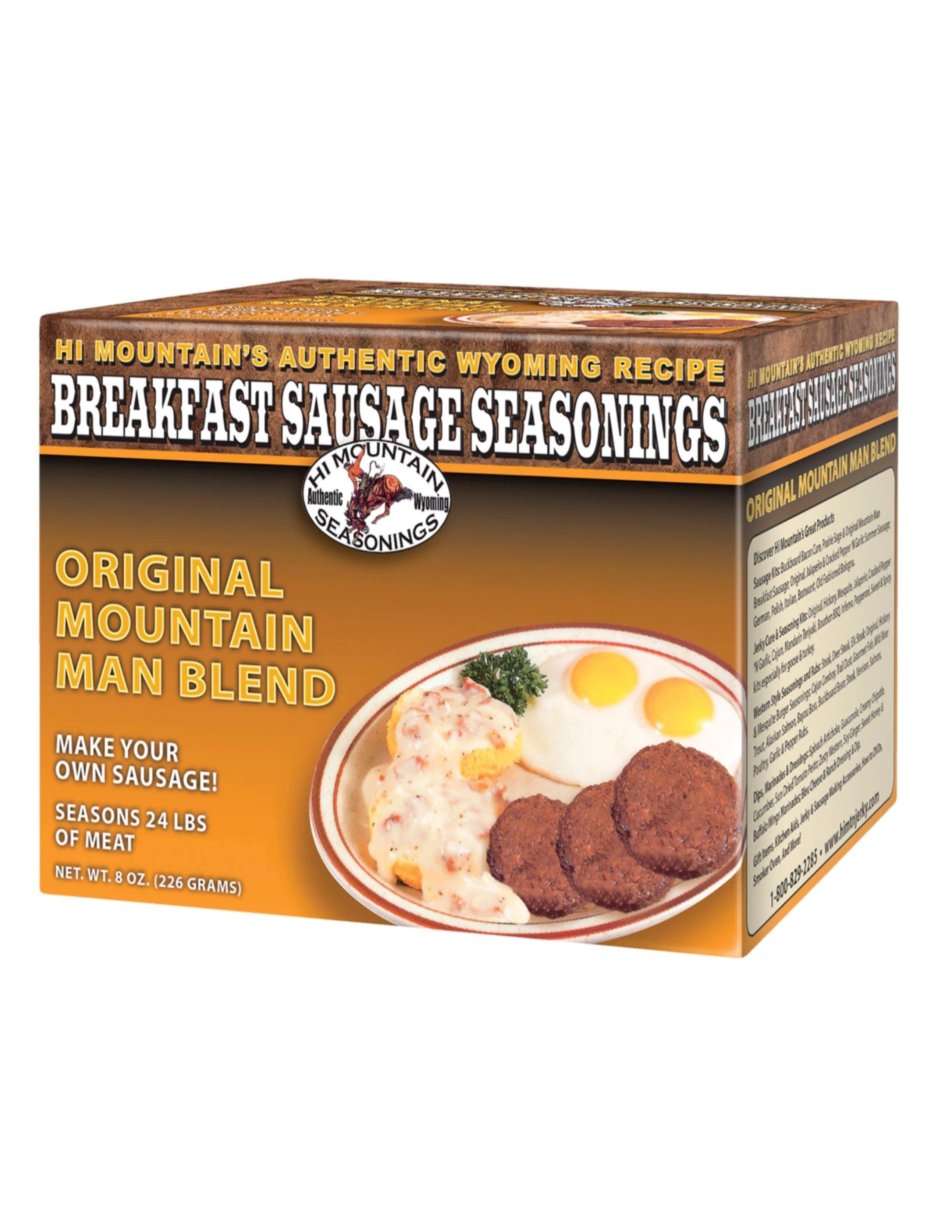 Hi Mountain Breakfast Sausage Seasoning Original Mountain Man Blend box with breakfast plate.