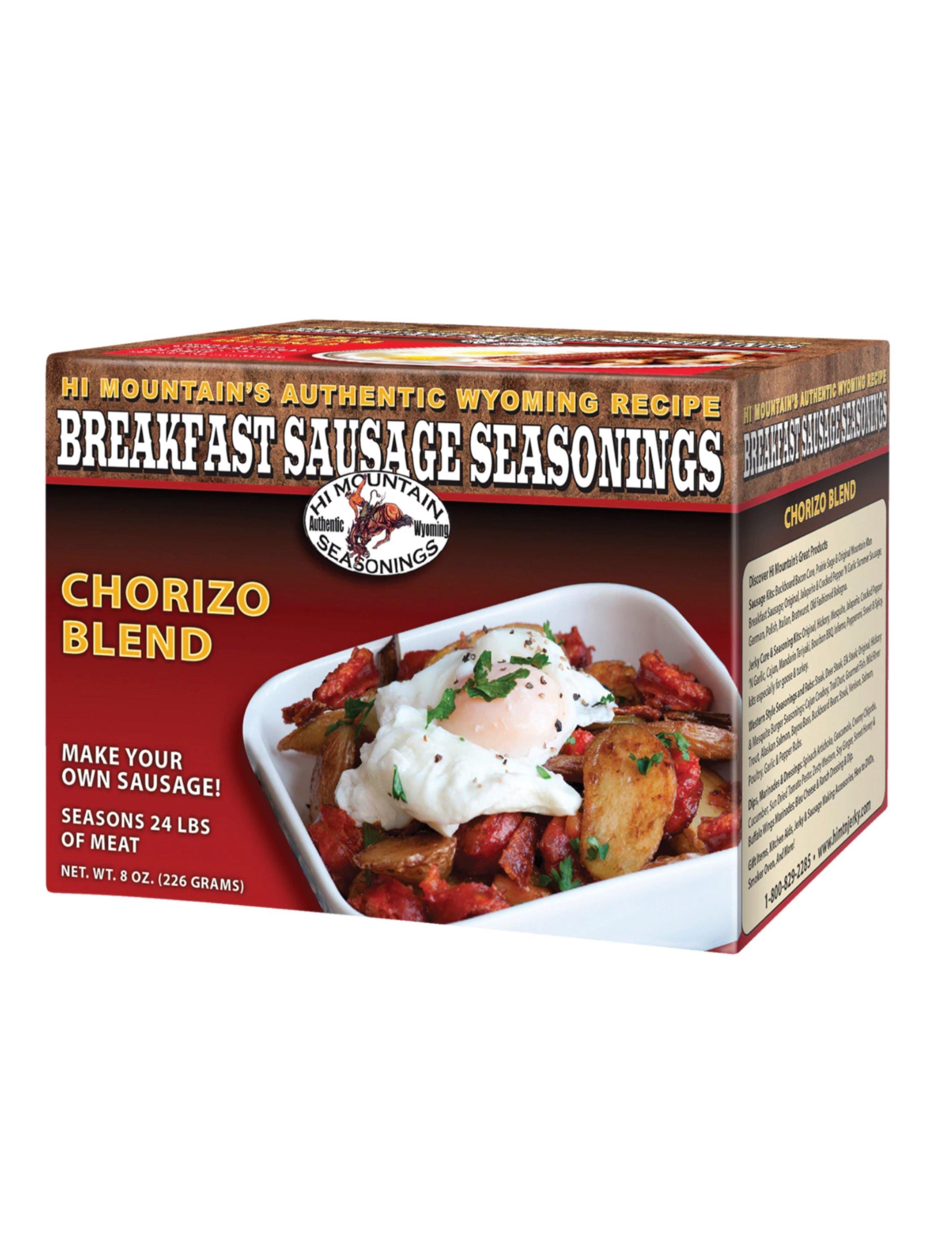 Hi Mountain Breakfast Sausage Seasonings Chorizo Blend box with food photo