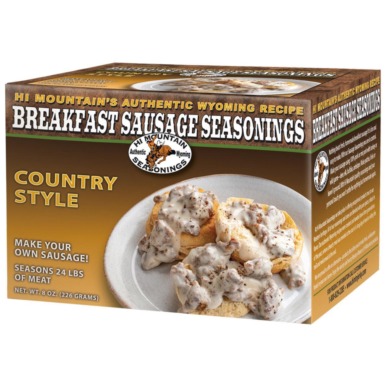 Hi Mountain country style breakfast sausage seasoning box with biscuits and sausage gravy on plate